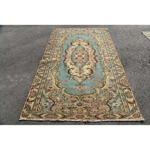 Vintage Turkish Rug, 5.1x8.4 ft Rug, <b>Brown</b> Blue Abstract <b>Wool</b> Rug - Product Image 1