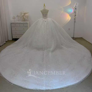 Robe de mariée moderne JJ124, coupe longue, style cœur, avec dentelle, fleurs en cristal et manches courtes pour femme - Product Image 2