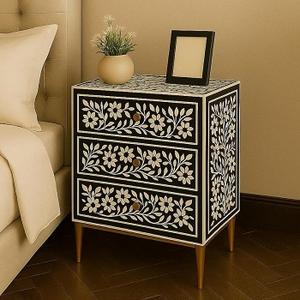 Handmade Bone Inlay <b>Side</b> Table for Bedroom and Living Room Luxurious Floral Bone Inlay Color Single <b>Drawer</b> Bedside Table - Product Image 5