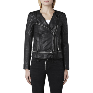 Chaquetas de cuero de piel de cordero auténtica para mujer, nueva chaqueta de cuero de primavera con cremallera negra de estilo profesional de motorista ajustada para mujer, suministro ODM - Product Image 1