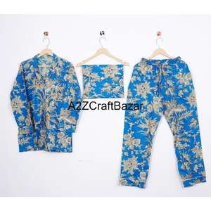 Luxury Hand Block Print Cotton Pajama Set Floral Traditional Block Prints Handcrafted <b>Nightwear</b> for Autumn & Winter - Product Image 6