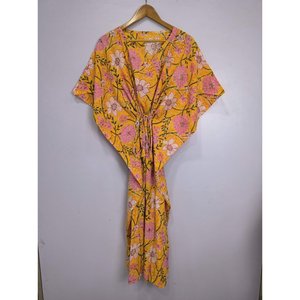 Robe <b>Kaftan</b> Boho Style Imprim Jardin Botanique Indien La Main Sun Shine Tissu En Coton Lger Respirant for Summer Cover Ups - Product Image 3