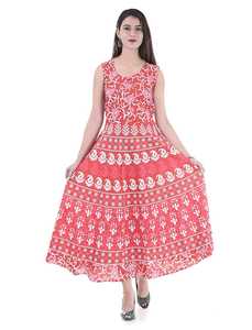 ได้รับการออกแบบอย่างสวยงามผ้าฝ้ายผ้า Jaipuri ดอกไม้พิมพ์ชุด Maxi ยาวสีชมพูน่ารักสำหรับผู้หญิงและเด็กหญิง - Product Image 2