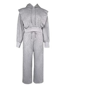 Elegant Two-Piece Solid <b>Short</b> <b>Top</b> Hooded Long <b>Sleeve</b> Sweatshirt Casual Wide-Leg Sweatpants Set for Women Autumn Winter - Product Image 1