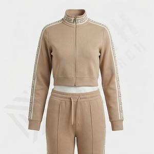 Factory Direct Womens Two Piece Outfit Sweatsuit Set Elastic Waist Pants Zip Jacket OEM Custom Wholesale Supplier Gym <b>Apparel</b> - Product Image 1