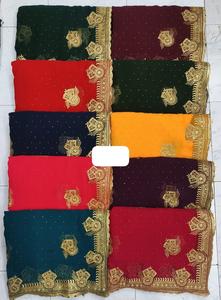 Saree élégant en mousseline de soie indienne en mélange d'organza avec broderie riche et garniture de pétoncle de créateur prêt pour les commandes d'exportation - Product Image 5