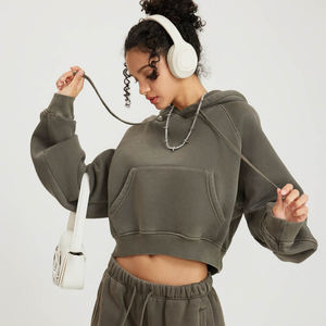 Vente en gros 3D mousse recadrée sweat-shirt coton surdimensionné polaire éponge poids lourd ourlet brut à capuche personnalisé bouffée impression à capuche femmes - Product Image 3