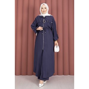 Conjunto de Túnica y Pantalones Casuales Azul Marino para Mujer, Talla XXL, Estampado Floral en Lona, Cintura con Cremallera, Dos Piezas, Falda de Oficina - Product Image 3