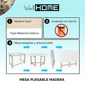 WELL HOME Mesa Plegable Blanca Sin Barnizar L.100xF.60x75 Mesas de Comedor - Product Image 2