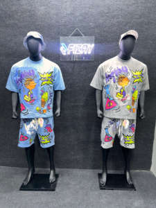 Camiseta de algodón de verano Unisex, conjunto de pantalones cortos con cordón, ropa de calle reflectante lavada con ácido, serigrafía personalizada, prendas de vestir exteriores para hombres - Product Image 2