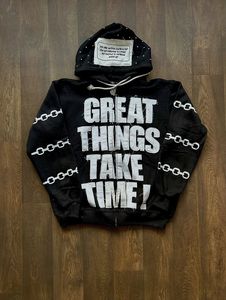 Sudadera con Capucha de Alta Calidad para Hombre con Bordado Desgastado y Pedrería, 100% Algodón, Felpa Transpirable, Sudadera con Cremallera - Product Image 6