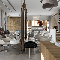 Meubles de salon de beauté modernes et complets avec îlot de coiffure rond, étagère à LED pour ongles, cloison en rotin doré pour salon de luxe