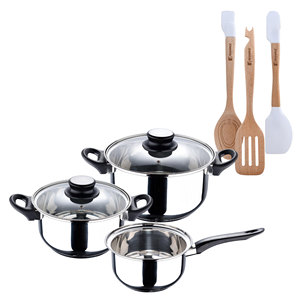 Set di pentole San Ignacio Palma in acciaio inox da 5 pezzi, adatto per piani cottura a induzione + Set di 3 utensili da cucina in silicone e legno - Product Image 1