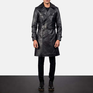 Men's Black Semi-aniline Cowhide Vintage Trench Quilted Lining Turn-<b>down</b> Collar Zipper Closure Fur Trim Waterproof Canvas Winter - Product Image 1