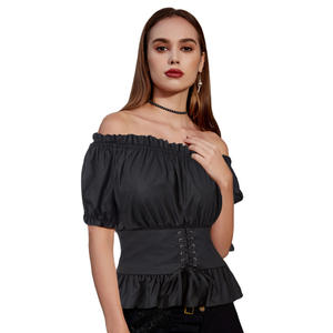 SLS02082 SD Donne Off Spalla Top A Manica Corta Smock Posteriore Lace-up Increspato Rinascimentale Camicie - Product Image 1