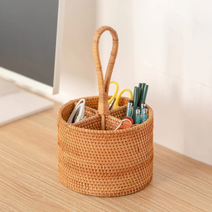 Handwoven Round Rattan Utensil Caddy <b>Basket</b> - Natural Flatware & <b>Kitchen</b> Utensil Holder - Made in Vietnam - Product Image 2
