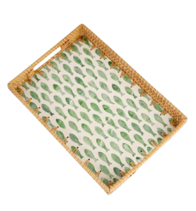 Plateau rectangulaire en rotin artisanal en gros avec incrustation de nacre, plateau de service décoratif tissé naturel, fabriqué au Vietnam - Product Image 3