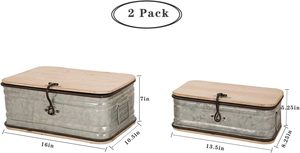 Boîtes décoratives en métal galvanisé avec couvercles en bois Lot de 2 coffres de rangement petits et grands - Product Image 3
