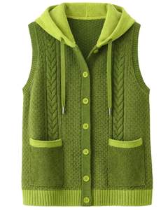 Gilet en tricot à capuche vert personnalisé, fabriqué par un fabricant, en laine acrylique, boutonné sur le devant, sans manches, cardigan d'hiver avec poches, OEM - Product Image 1