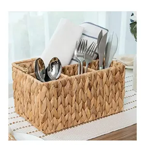 Đa năng 4-phần giỏ tự nhiên lục bình dao kéo giỏ cho Countertop với xử lý wicker Flatware chủ