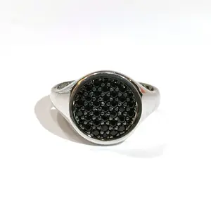 Men's White Gold Round Black Spinel Ring - 750 White Gold with Classic Black Gemstones and 3-D Stamp - Timeless Sophistication