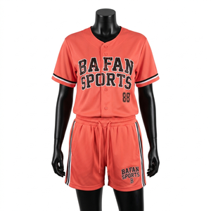 Premium 160 GSM breathable polyester <b>mesh</b> baseball jersey and shorts set coral orange stripe panels custom tackle twill - Product Image 1