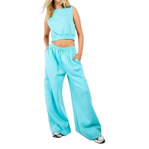 Top corto sin mangas en blanco de lana de algodón 100% de alta calidad, conjuntos de mujer con bolsillos laterales sueltos, pantalón Cargo, conjunto de chándal de 2 piezas para mujer - Product Image 5