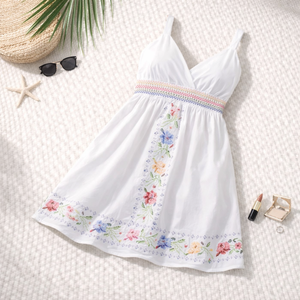 Vestido Corto de Algodón Puro Bordado con Flores Blancas Atemporales para Mujer - Product Image 1