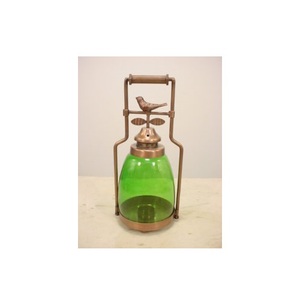 Linterna de cobre antigua con diseño de pájaro con portavelas decorativo de vidrio verde, linterna colgante para exteriores, interior, decoración del jardín del hogar - Product Image 1
