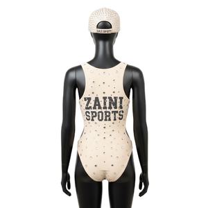Traje de Baño de Una Pieza para Mujer, Premium, de Nailon y Spandex, con Pedrería Beige, Logotipo Personalizado con Técnica de Termotransferencia - Product Image 2