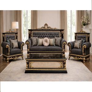 Juego de Muebles de Sala de Estar Estilo Europeo Negro Real, Sofá Clásico Tallado a Mano con Mesa de Centro, Comprar Juego de Asientos Negro y Dorado en EE. UU. - Product Image 1