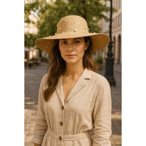 Sombrero de Paja Ancho con Adornos de Perlas Color Camel Hsr2069 - Camel6 - Product Image 4