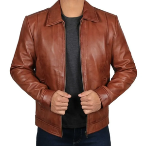 Chaquetas de Motocicleta de Cuero Sintético PU para Hombre, Estilo Casual, Cuello Camisero, Cierre de Cremallera, Manga Larga, Color Marrón - Product Image 4