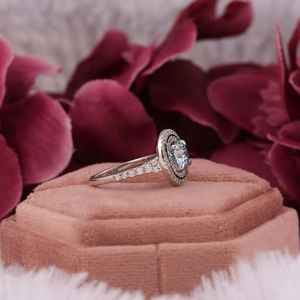 Or blanc massif 14 carats diamants cultivés en laboratoire bleu rond Double Halo bague de fiançailles mariage bague de mariée ensemble cadeau à la mode pour elle - Product Image 6