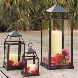 Lanterne en métal de haute qualité avec cadre en fer noir et panneaux en verre, style moderne, forme carrée, décoration de mariage faite à la main - Product Image 2