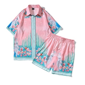 Ensemble chemise et short pour homme en satin à imprimé floral rose, col rabattu, tenue décontractée d'été - Product Image 6