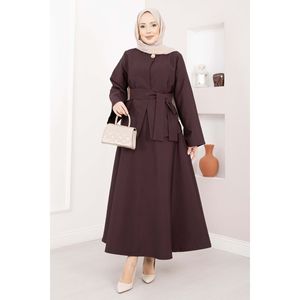 Ensemble jupe et veste décontracté asymétrique boutonné doré avec ceinture, couleur prune - Product Image 3
