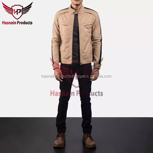 Chaqueta de Cuero Beige Auténtico para Hombre, Cuello con Broches, Manga con Raya Negra, Estilo Café Racer, Personalizada, Vintage, Ropa de Invierno - Product Image 6