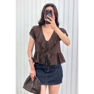 Wholesale Coffee Blouse with Lace Details and <b>Tie</b> Closure - <b>Brown</b> - Product Image 1