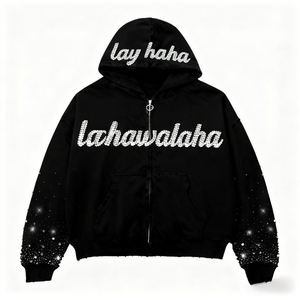 Sweat-shirt à capuche zippé en coton 100% avec logo personnalisé, sweat-shirt d'hiver, streetwear, sweat-shirt à strass, sweat-shirt de haute qualité pour homme - Product Image 2