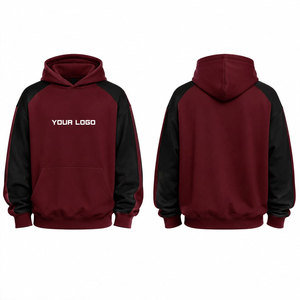 <b>Men's</b> Maroon <b>Black</b> Raglan Hoodie Fleece Sweatshirt Front Logo Print Casual Autumn Wear Regular Fit Hooded Pullover - Product Image 1