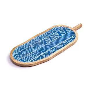 Plateau de service en bois fait main feuille bleue plateau de nourriture décoratif pour la décoration intérieure ustensiles de cuisine apéritif assiette vaisselle - Product Image 4