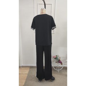 Conjunto de Dos Piezas para Mujer, Blusa de Manga Corta con Cuello en V de Viscosa de Dos Hilos y Pantalones, 35468 - Negro - Product Image 5