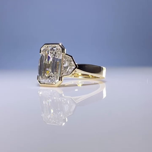 IGI Certified Women's Emerald Cut Engagement <b>Ring</b> with Lab Grown Side Stones Yellow Gold Bezel <b>Diamond</b> <b>Rings</b> - Product Image 6