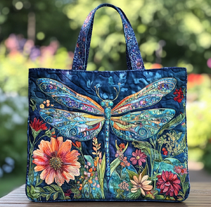 Vibrant blue <b>quilted</b> tote with a stunning dragonfly and floral scene. Available at wholesale prices. - Product Image 1