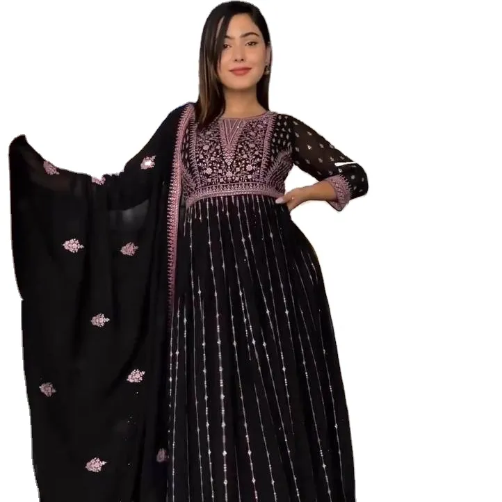 Cuentas pesadas de Georgette puro y bordado último diseñador estilo pakistaní Salwar kameez y dupatta para damas y niñas