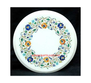 Attentively Designed <b>Round</b> Shape <b>White</b> Floral Design Inlay Work With Handmade Finish Coffee <b>Table</b> Top of <b>White</b> Marble <b>Table</b> Top - Product Image 1