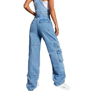 Wholesale Fashion High Street Ladies Jeans Straight Wide Leg Pockets <b>Women</b> Denim Pants Casual Retro Blue Cargo Jeans <b>Women</b> - Product Image 2