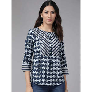 Haut en coton imprimé fleuri pour femmes brodé col asymétrique tenue de fête formelle pour la saison d'automne tailles XS et XL couleur bleue - Product Image 6