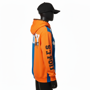 Sweat à capuche zippé pour femme en molleton épais 320 GSM, mélange de coton doux, panneau bleu orange, logo imprimé en caoutchouc personnalisé, fermeture éclair - Product Image 3